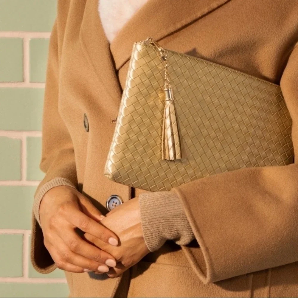 VIRGINIA WOLF‎ Faux Leather Clutch Mini Woven Pouch Gold Tassel Zip Top Make Up